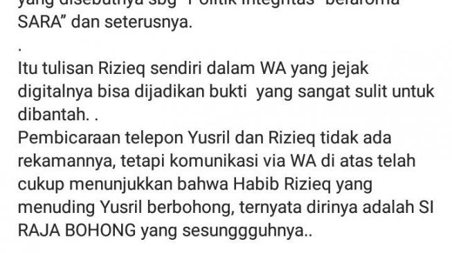 Unggah Bukti Percakapan WhatsApp, Yusril: Habib Rizieq Si Raja Bohong
