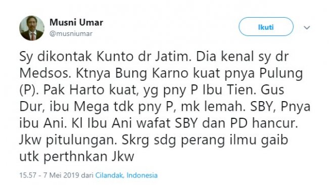 Ngetwit Ada Perang Ilmu Gaib Pertahankan Jokowi, Musni Umar Minta Maaf