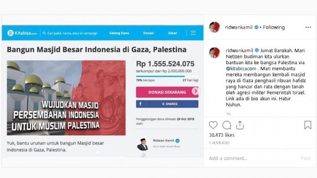 Ridwan Kamil Ajak Warganet Kumpulkan Donasi untuk Bangun Masjid di Gaza