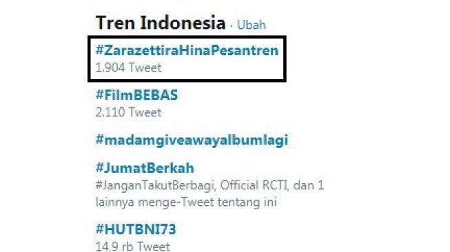 Tagar #ZaraZettiraHinaPesantren Trending Topic, Akun Zara Mendadak Raib
