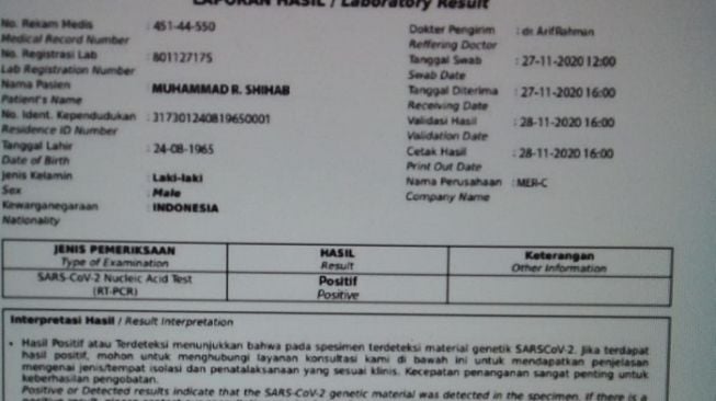 Habib Rizieq Positif Corona, Ini Bukti Hasil Tes Swab COVID-19 yang Beredar