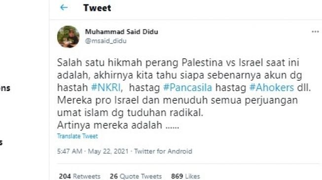 Said Didu Sebut Akun dengan Hastag NKRI Hingga Ahokers Pro Israel