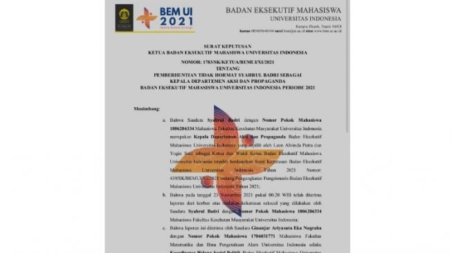 bem-ui-pecat-seorang-kepala-departemen-karena-dilaporkan-lakukan-kekerasan-seksual