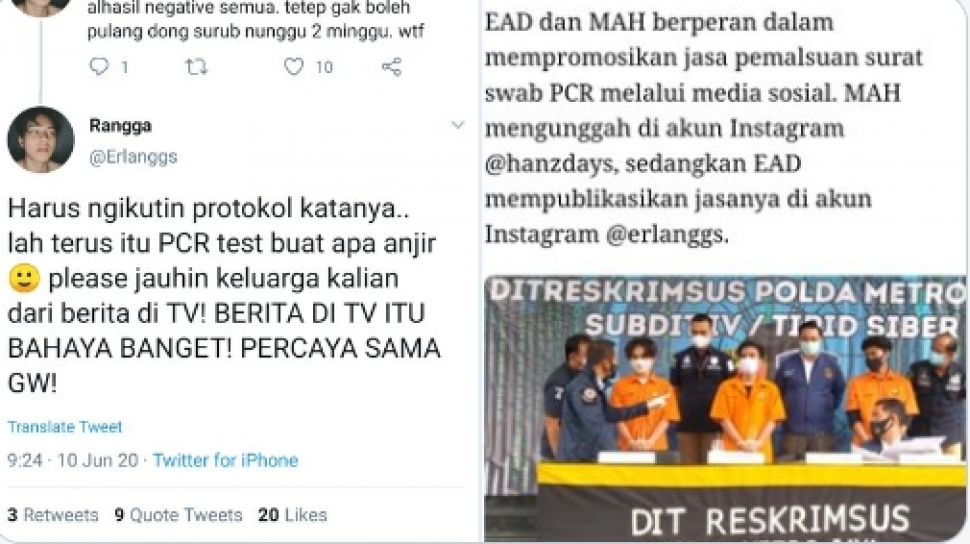 polisi-tangkap-selebgram-pengedar-surat-palsu-swab-pcr-drtirta-biar-efek-jera