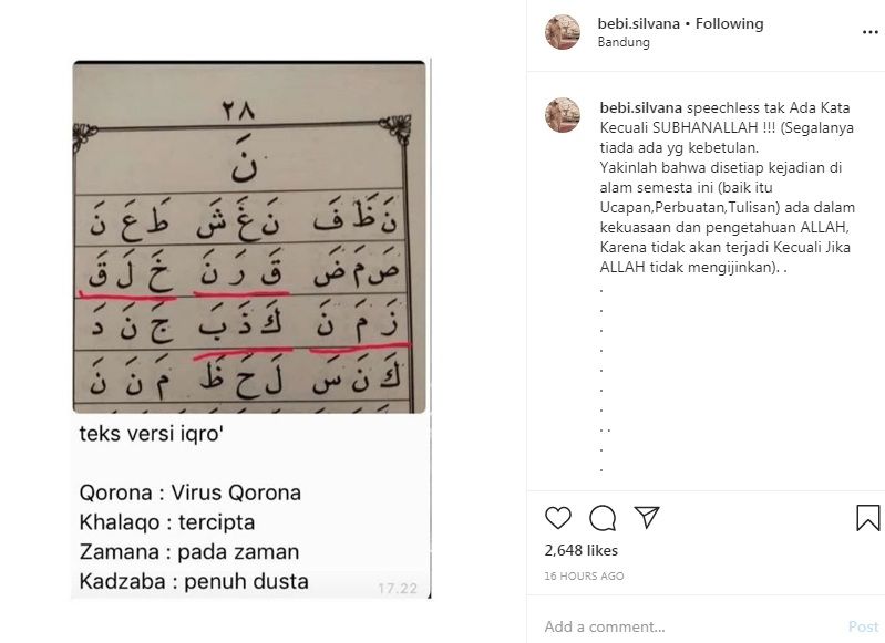 Heboh Bacaan Buku Iqro Unggahan Bebi Silvana Bahas Virus Corona