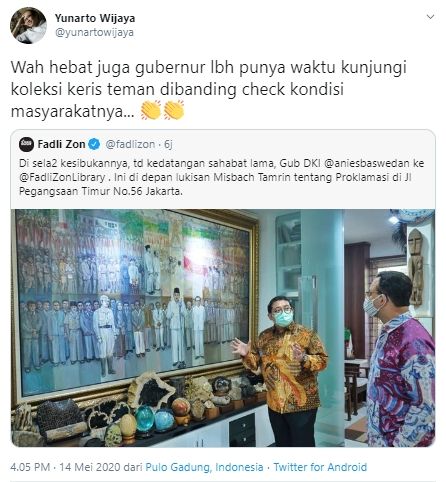 Anies Kunjungi Fadli Zon Disentil Yunarto: Lebih Pilih Keris daripada Warga