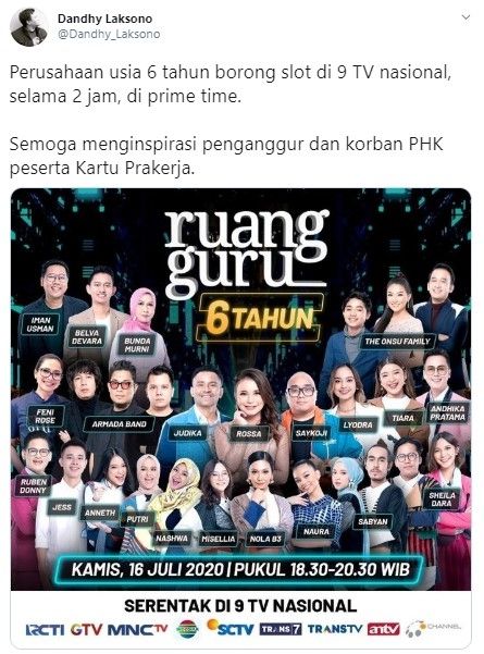 Ultah Ruang Guru Disiarkan di 9 TV Nasional, Panen Kritik Publik