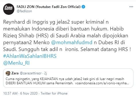 Fadli Zon Bandingkan Rizieq Shihab dengan Predator Seks Reynhard Sinaga