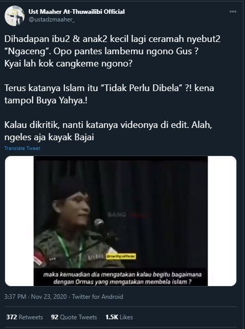 Tambah Panas! Ustaz Maaher Serang Gus Miftah: Kemarin Lonte Sekarang Ereksi