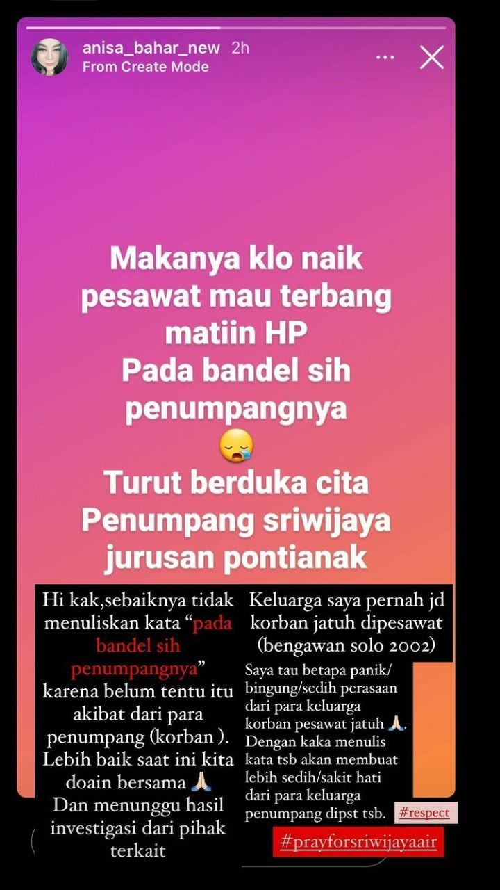 Sebut Korban Sriwijaya Air Bandel Tak Matikan HP, Anisa Bahar Kena Semprot!