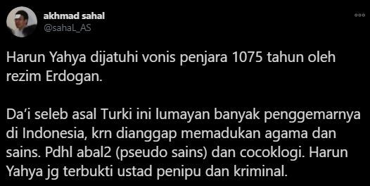 Sebut Harun Yahya Ustaz Penipu, Gus Sahal: Banyak Penggemarnya di Indonesia