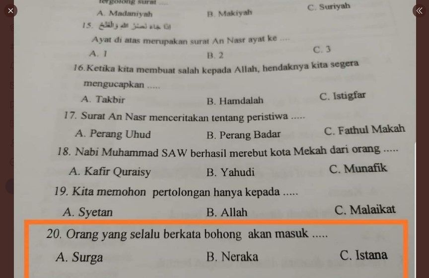 Waduh! Ada Soal Ujian, Orang Bohong Masuk Apa? Surga, Neraka atau Istana