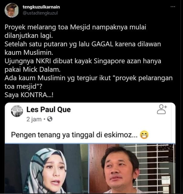 Polemik Toa Masjid, Tengku Zul: Ujungnya Dibuat Azan Cuma Pakai Mik Dalam