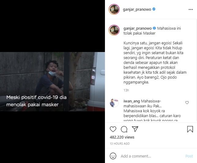 Viral Ganjar Pranowo Marahi Mahasiwa Positif Covid-19 yang Tolak Pakai Masker Setahun