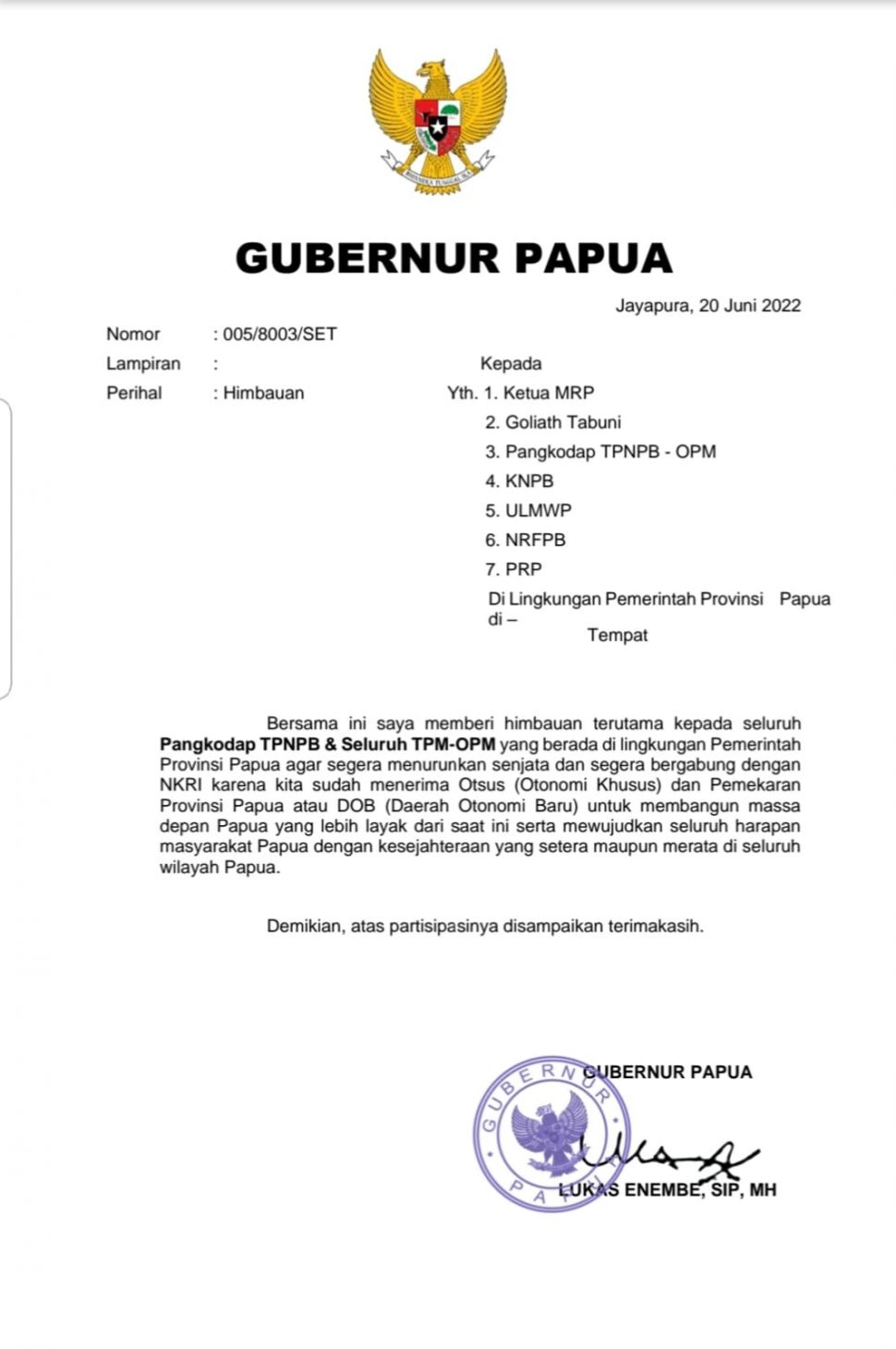 Baca Surat Lukas Enembe Minta Gabung NKRI, TPNPB-OPM: Kami Belum Percaya