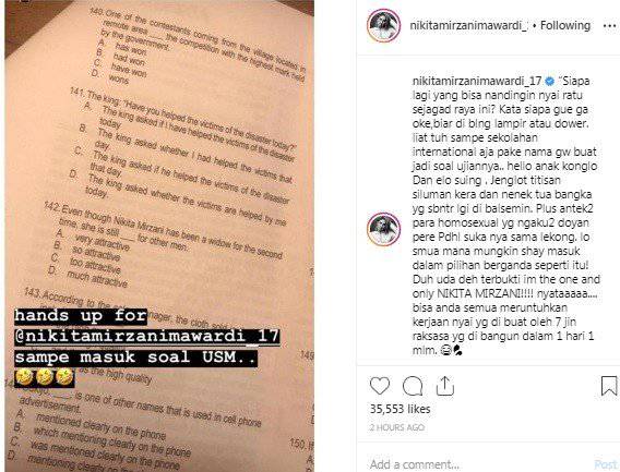 Wow, Nama Nikirta Mirzani Masuk dalam Soal Ujian Sekolah Internasional