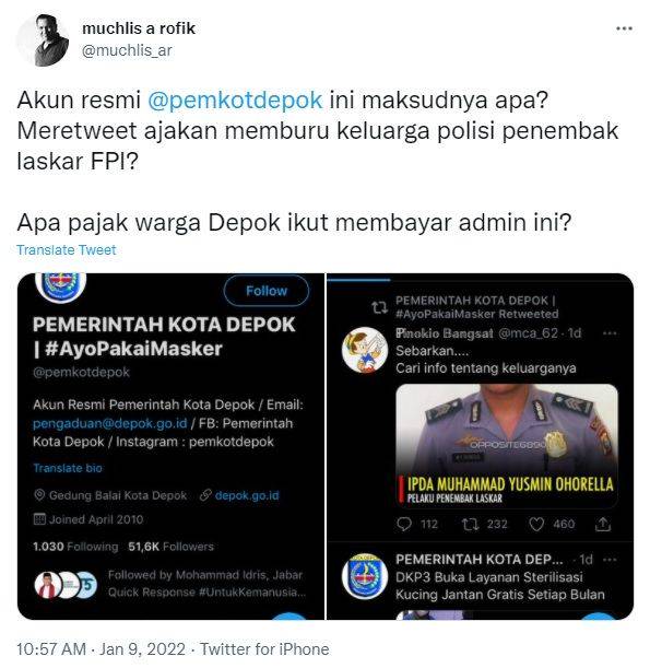 Polisi Periksa 6 Admin Twitter Pemkot Depok Retweet Ajakan Buru Keluarga Penembak FPI