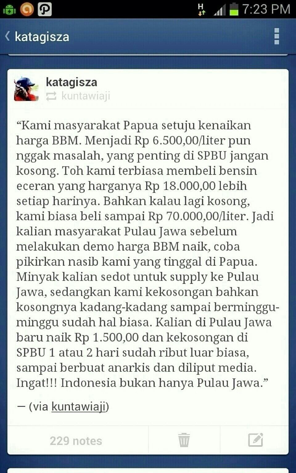 Ada sedikit pesan dari seseorang di Papua untuk orang Jakarta, tentang BBM