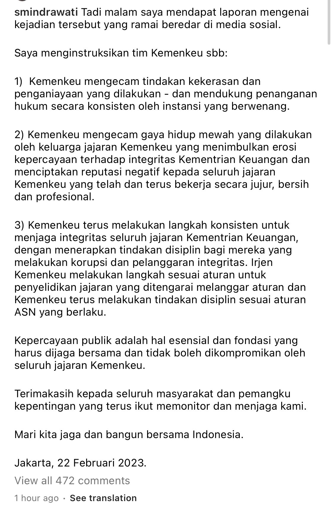 Sri Mulyani Dukung Proses Hukum Anak Pejabat Pajak yang Aniaya Remaja