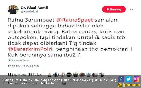 Ratna Sarumpaet Bohong, Rizal Ramli Hapus Cuitan di Twitter?