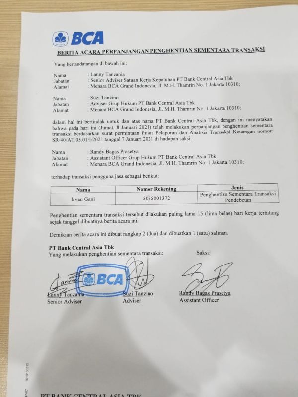 Pemblokiran Rekening BCA Irvan Gani, Pengumpul Donasi 6 Laskar FPI