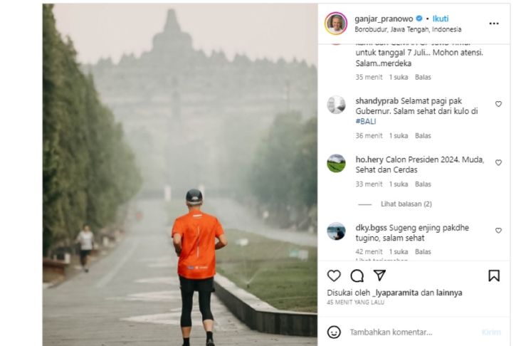 Posting Foto Lari Pagi di Borobudur, Ganjar Didoakan Netizen Jadi Presiden 2024