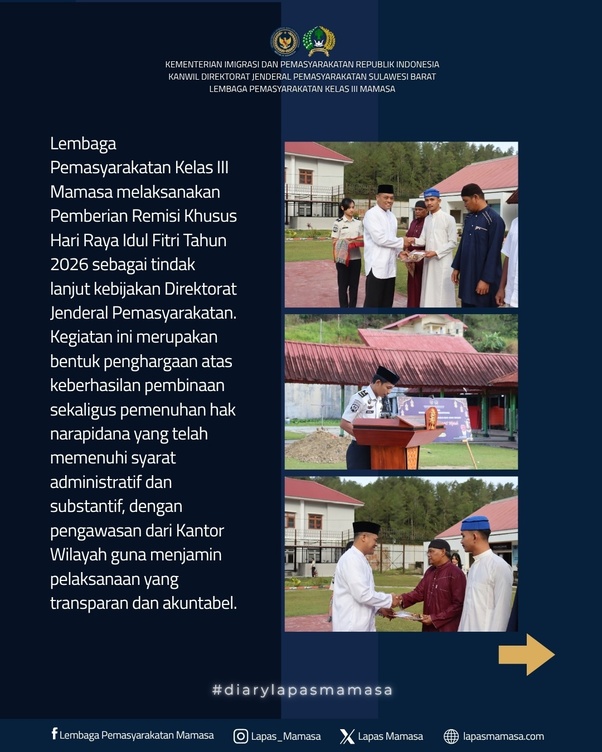 Pemberian Remisi Khusus Hari Raya Idul Fitri 2026 bagi Narapidana diLapas Mamasa