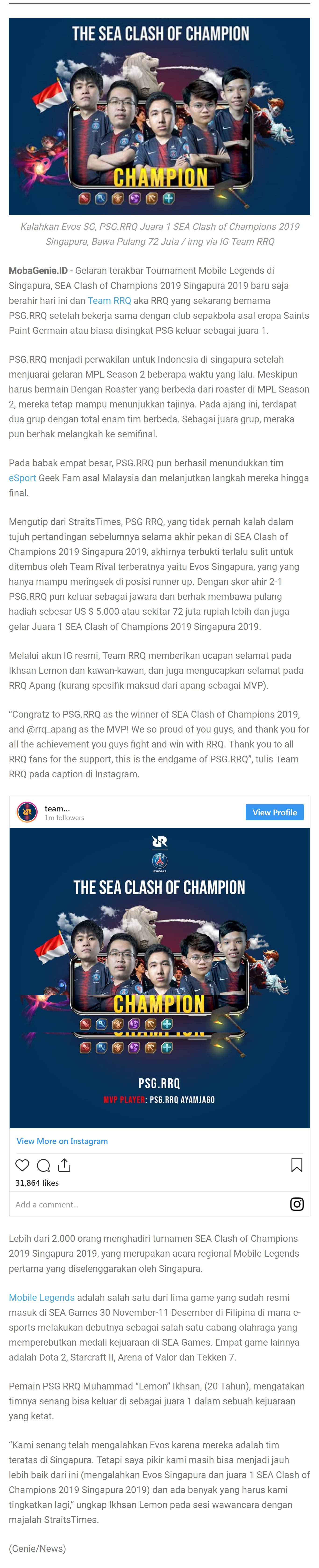 Kalahkan Evos SG, PSG.RRQ Juara 1 SEA CoC 2019 Singapura, Bawa Pulang 72 Juta