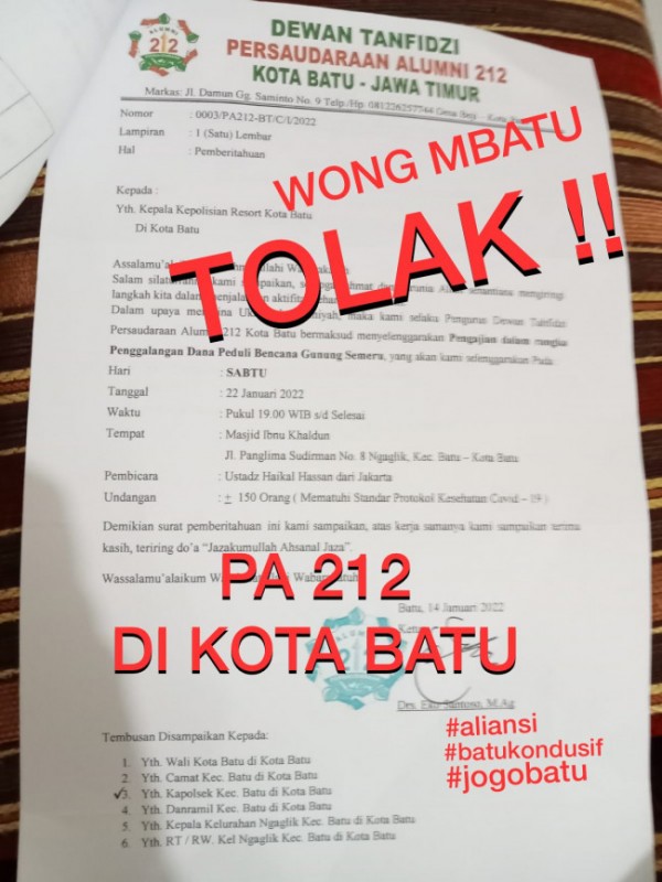 Beredar Penolakan Kegiatan Galang Dana DT PA 212 Kota Batu