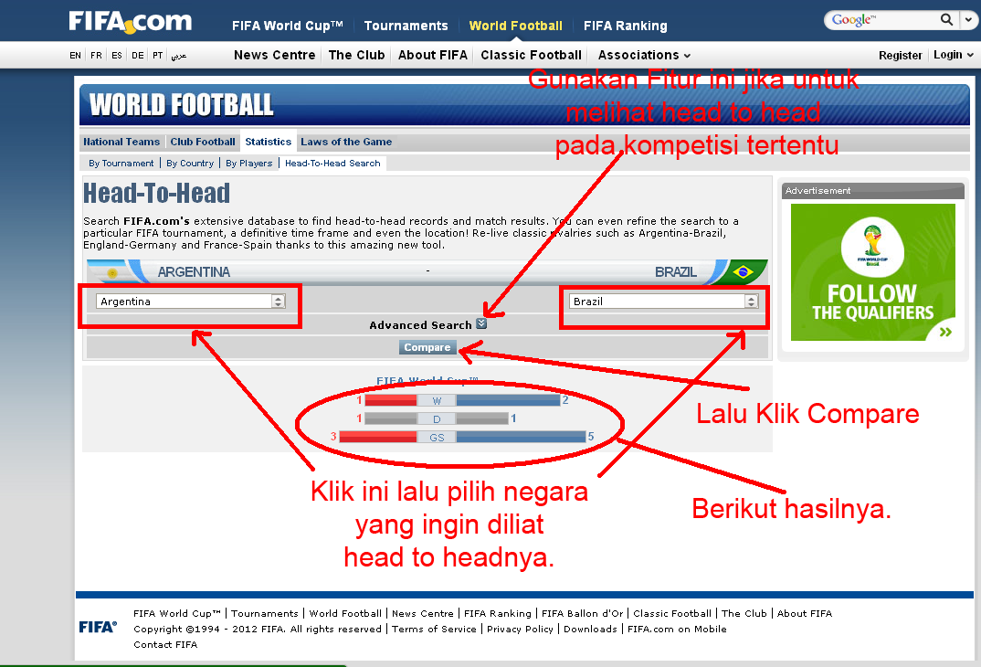 Melihat Head to head pertandingan sepakbola antar negara.