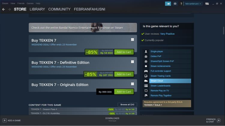 Game Tekken 7 Dijual 50ribuan Aja di Platform Steam