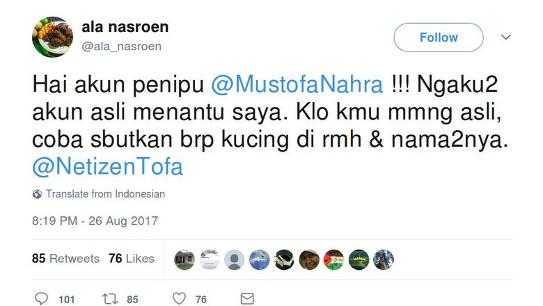 Saat Mertua Mustofa Asli Tantang Akun @MustofaNahra Soal Kucing