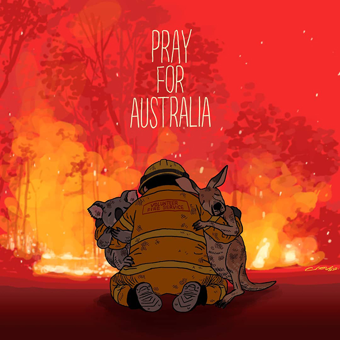 Sedih, karya Seniman mancanegara ini mewakilkan kesedihan dari Kebakaran Australia.