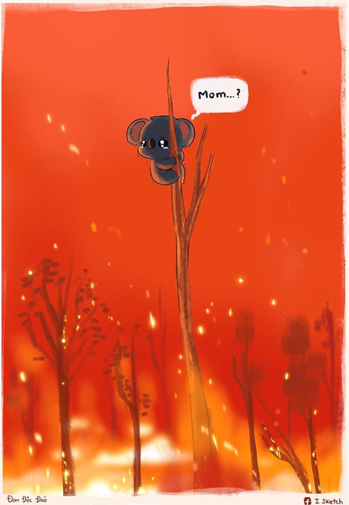 Sedih, karya Seniman mancanegara ini mewakilkan kesedihan dari Kebakaran Australia.