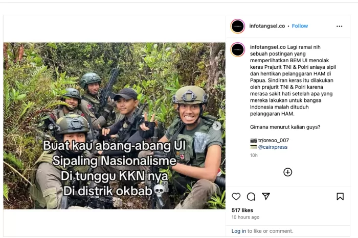 TNI Bantah Tantang BEM UI Lakukan KKN di Wilayah Operasi KKB Papua