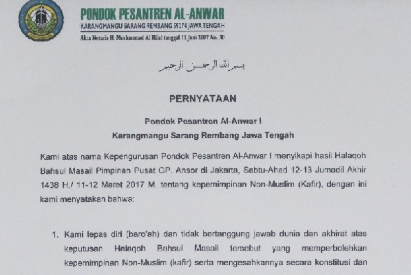 Ponpes Al-Anwar Lepas Diri dari Keputusan GP Ansor Soal Pemimpin Non-Muslim