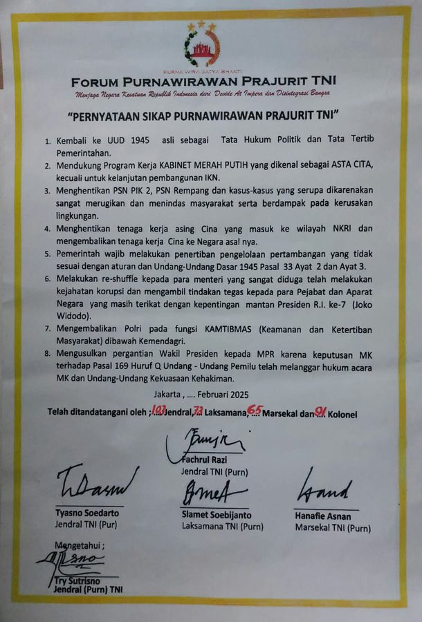 Forum Purnawirawan TNI, Termasuk Try Sutrisno Tuntut Gibran Diganti Lewat MPR