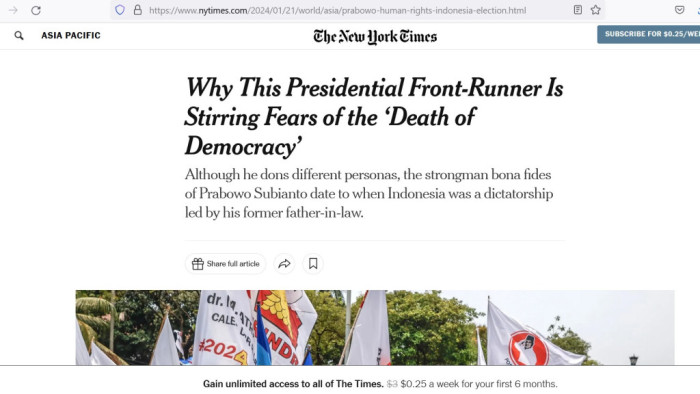 Media Massa “The New York Times” Tulis Jika Prabowo Menang Demokrasi Indonesia Mati