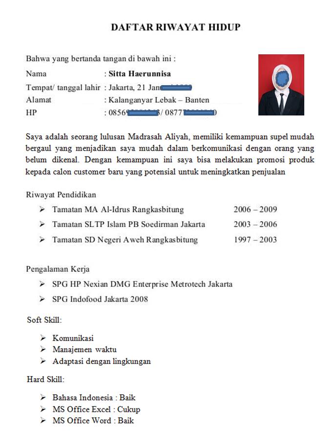 Contoh CV Lamaran Kerja Yang Baik Dan Benar Untuk Pemula Atau Fresh Graduate