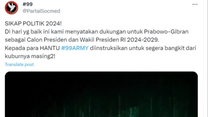 Akun X @PartaiSocmed Nyatakan Dukungan untuk Prabowo-Gibran