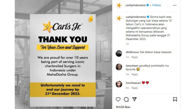 Carl’s Jr. Umumkan Tutup Gerainya di Indonesia pada Akhir Tahun Ini