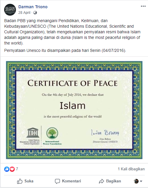 &#91;SALAH&#93; UNESCO Nyatakan ISLAM Agama Paling Damai Sedunia