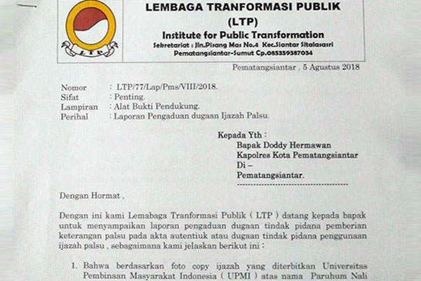 Diduga Gunakan Ijazah Palsu, LTP Laporkan Paruhum Nali Siregar
