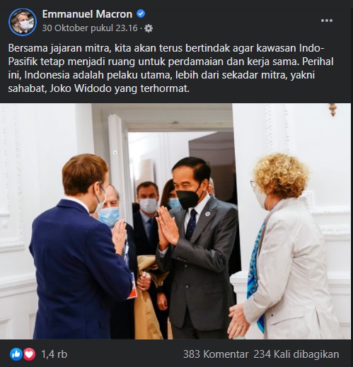 Presiden Emmanuel Macron Unggah Foto Bersama Presiden Jokowi