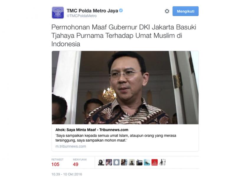 Meretweet Permintaan Maaf Ahok, Akun @TMCPoldaMetro Dihujat Netizen