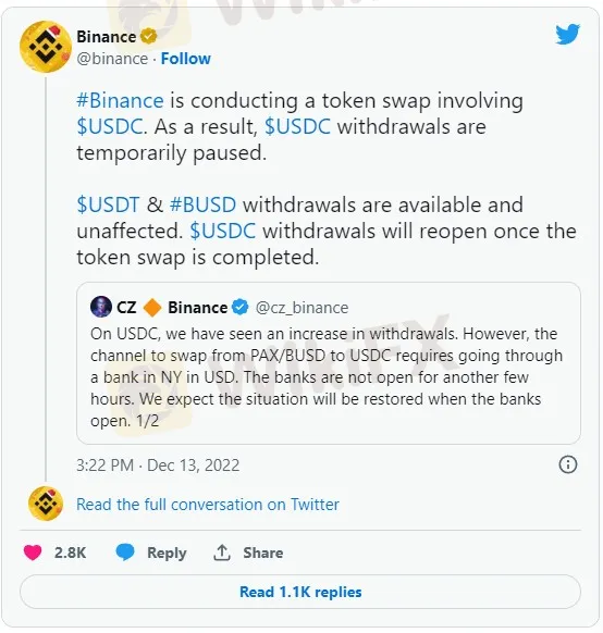 Binance Hentikan Sementara Penarikan USDC!
